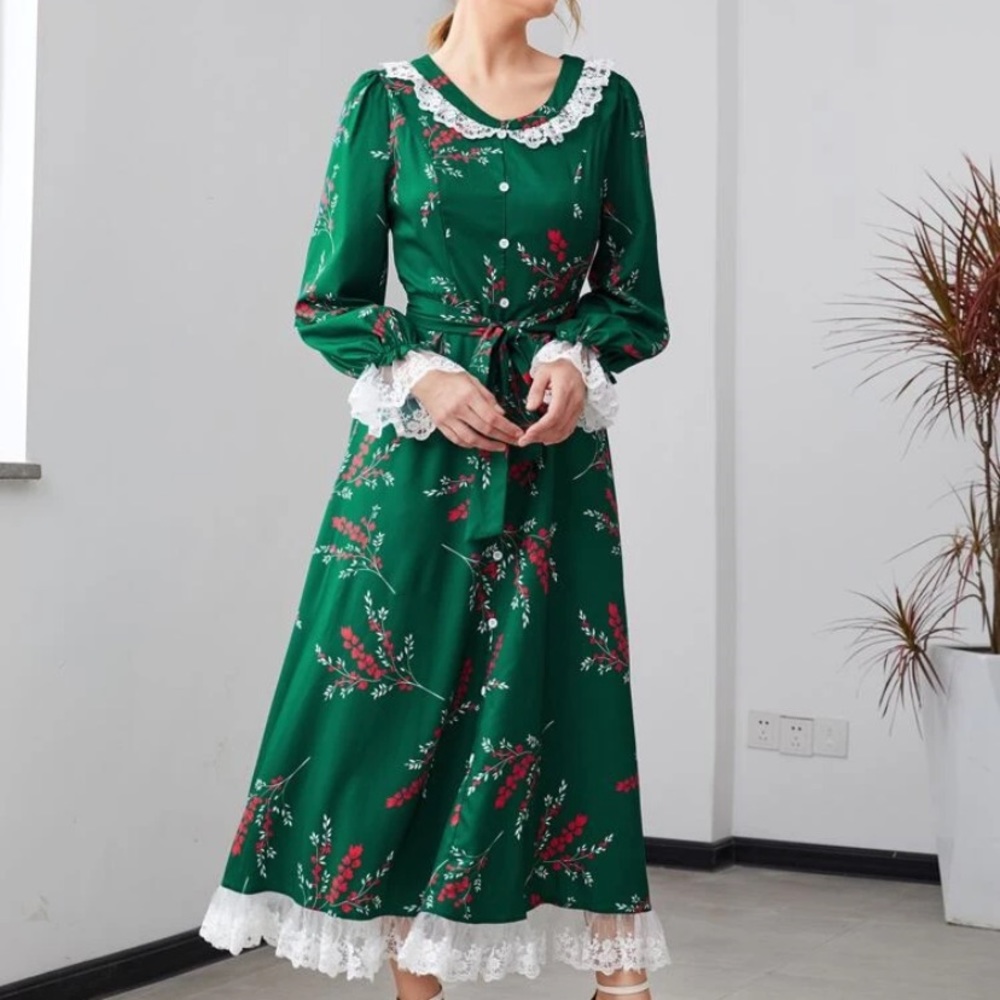 Floral print embroidered mesh trim belted dress